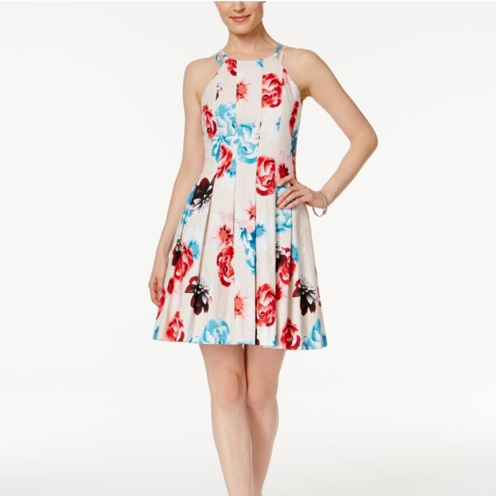 Guess Floral Fit‎ & Flare Dress 2 Full Pleated Skirt Sleeveless Cocktail Red